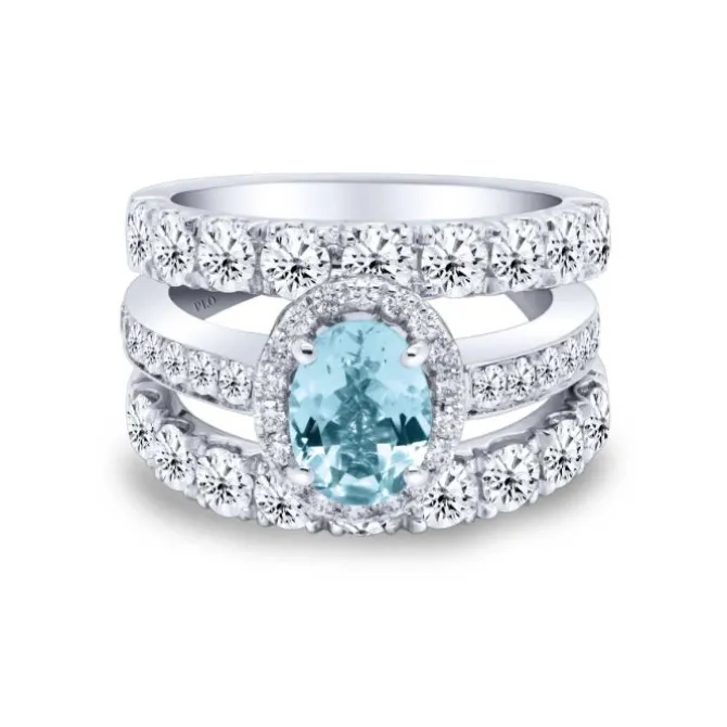 Anillo de oro blanco con diamantes 2.56 quilates y aguamarina 1.03 quilates