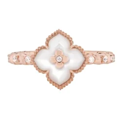 Anillo flor de oro rosa con madreperla 0.24 quilates y diamante 0.09 quilates