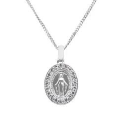 Colgante ovalado de oro blanco con Virgen y diamantes 0,10 quilates