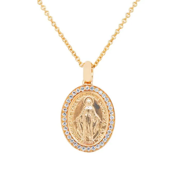 Colgante ovalado de oro rosa con Virgen y diamantes de 0,15 quilates