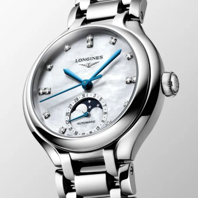 Longines PrimaLuna 34 mm Diamantes Madre Perla Fase Lunar