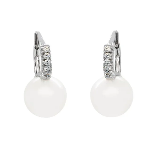 Pendientes de oro blanco, diamantes 0,16 quilates y perlas Australianas