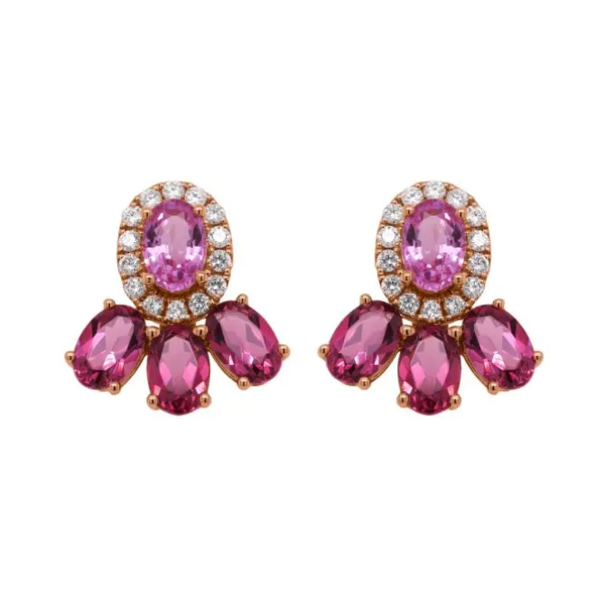 Pendientes de oro rosa con diamantes 0.35 quilates, rodolitas 3.64 quilates y zafiros rosas 1.16 quilates