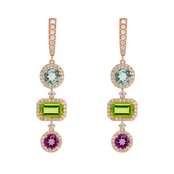 Pendientes de oro rosa, diamantes 1.06 quilates y piedras de color