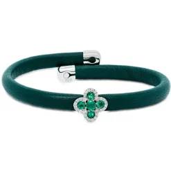 Pulsera de cuero con oro blanco, esmeraldas y diamantes