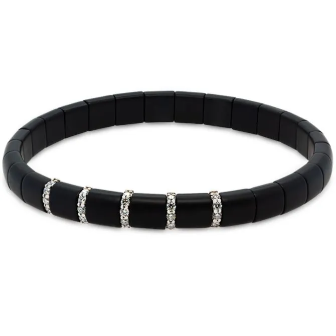 Pulsera elástica de cerámica negra, oro blanco y diamantes talla brillante con 0.36 quilates