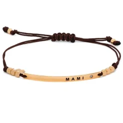 Pulsera "Mami" de Oro Rosa, cordón marrón y diamante talla brillante